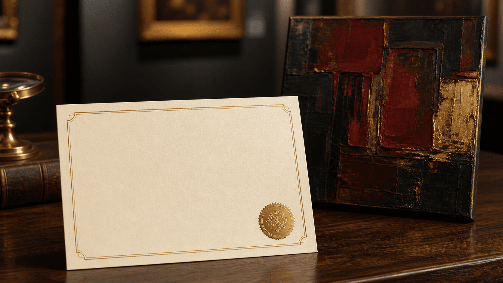 Certificate still life with an embossed authenticity seal