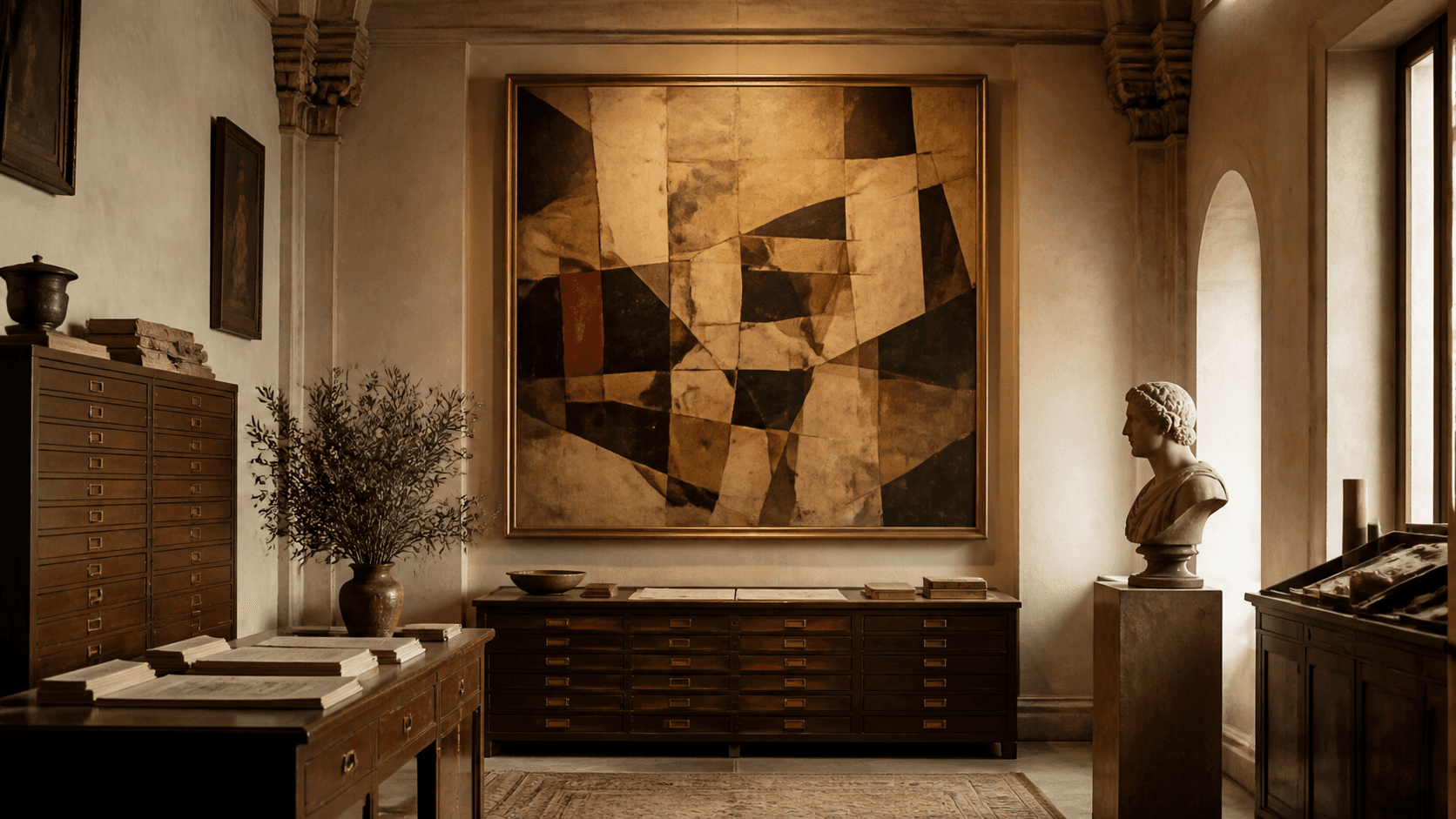Curated art archive room with a legacy artwork