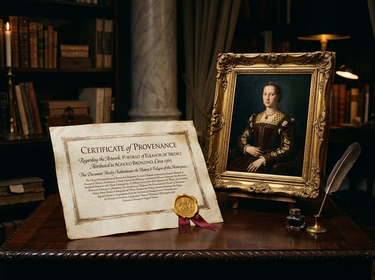 Certificate of provenance document beside a classic masterpiece painting